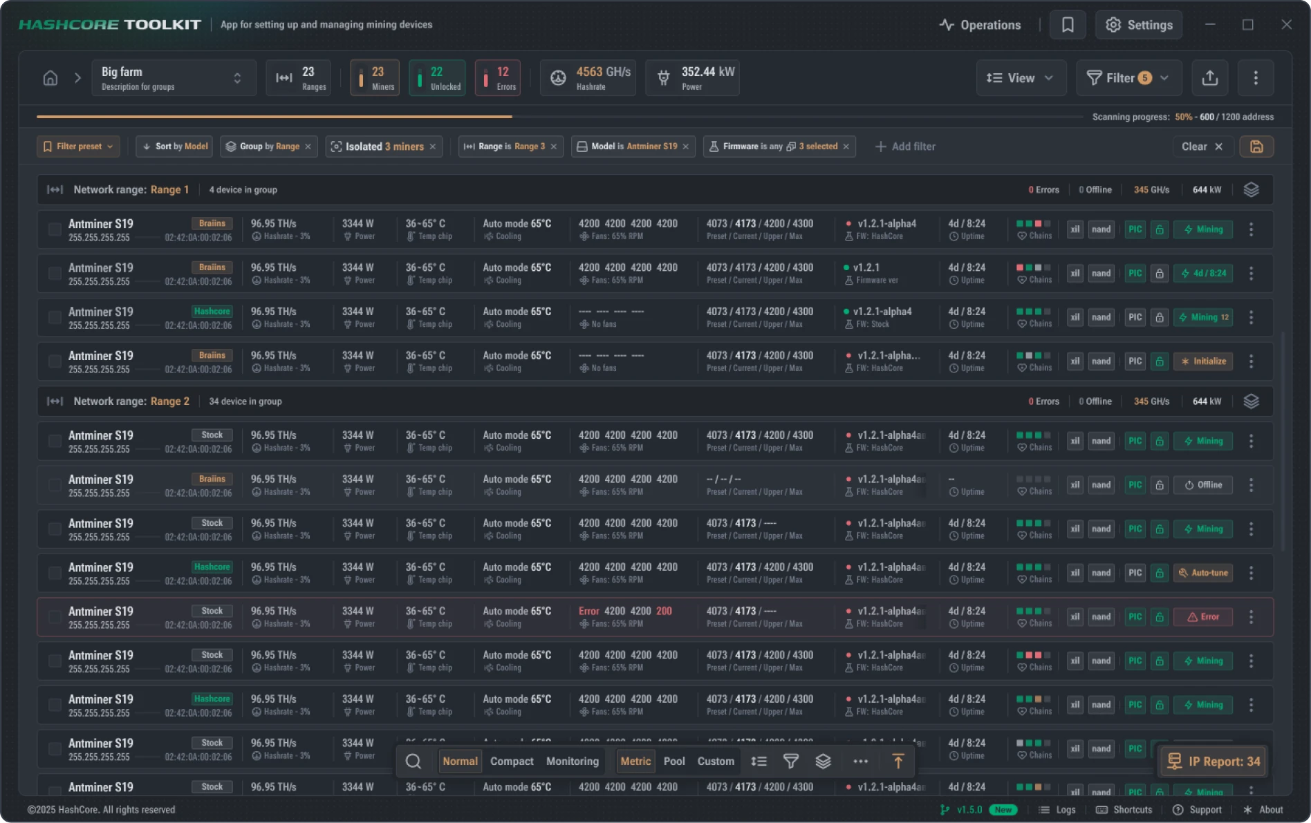 HashCore Toolkit dashboard showing ASIC miner fleet status